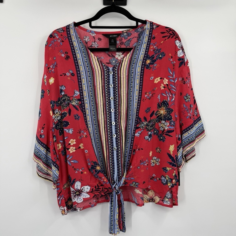 Ali Miles Top Shirtβ Blouse Womens Medium Petite Kimono Button Tie Floral NWT